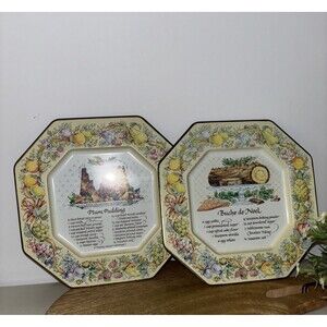2 Vtge. 1982 AVON HOSPITALITY SWEET RECIPE PLATES TINS PLUM PUDDING BUCHE DE Noe
